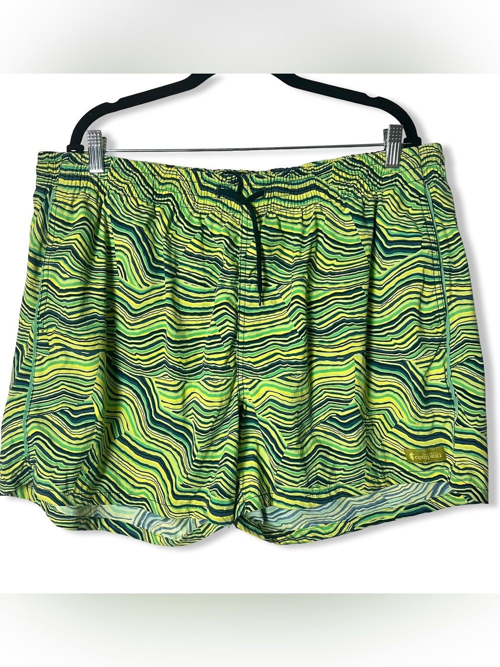 Cotopaxi Brinco Swim Trunks Green Yellow Wavy Topo Print Mens Shorts Sz. XXL